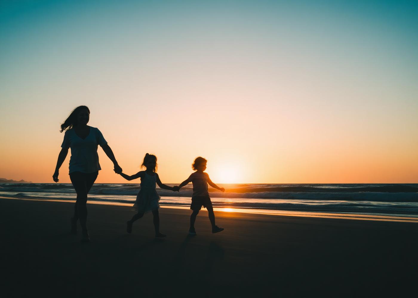 Silhouette of a parent and two children walking on a beach at sunset