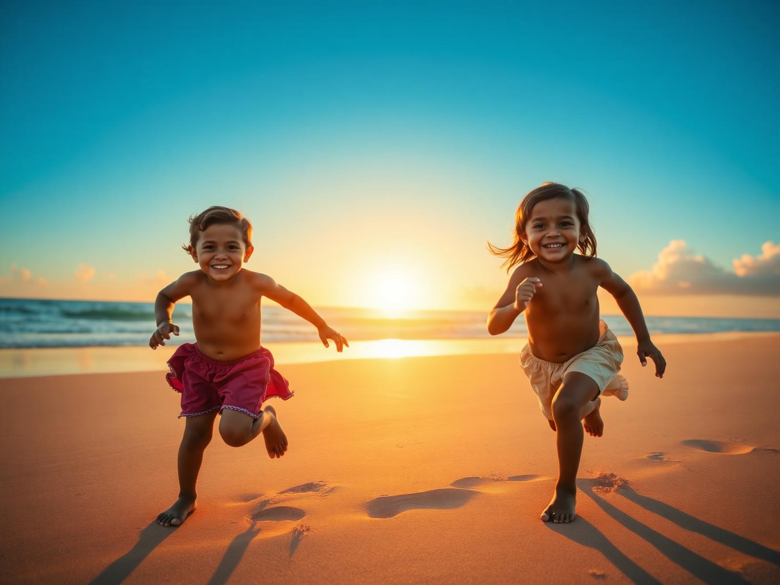 Two children running joyfully on a sunlit beach at golden hour